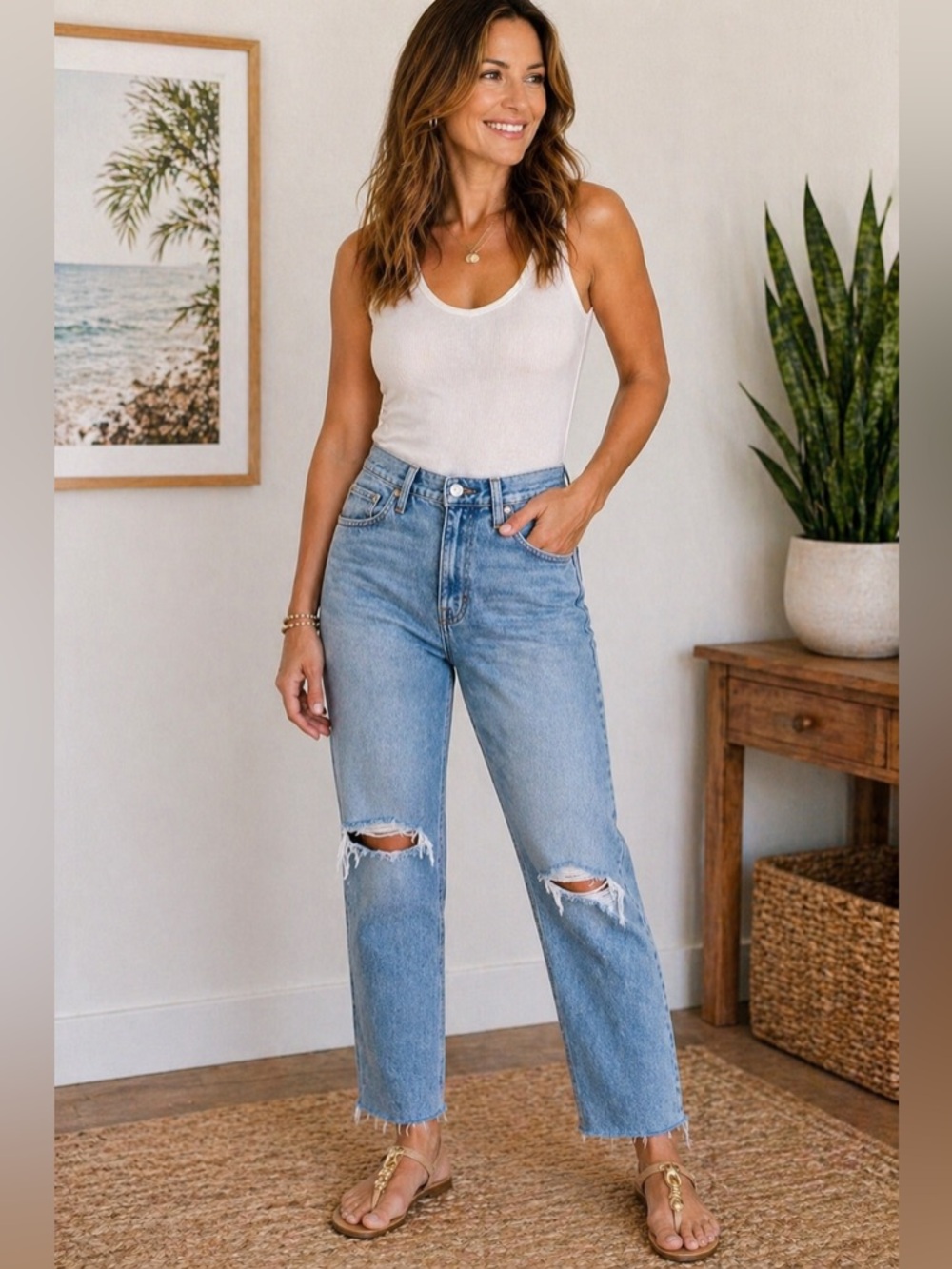 Madewell Distressed Straight Leg Jeans Light Wash Raw Hem Size 30